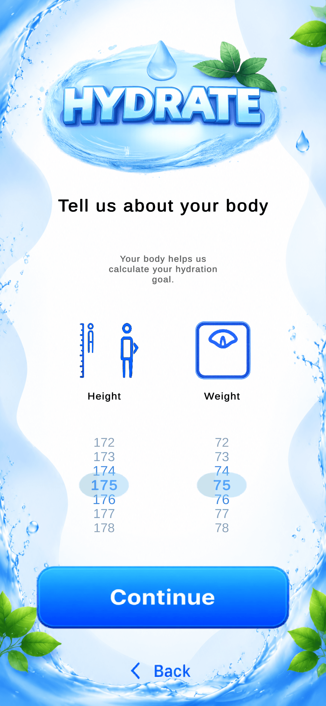 Hydrate profile setup screen for height and weight