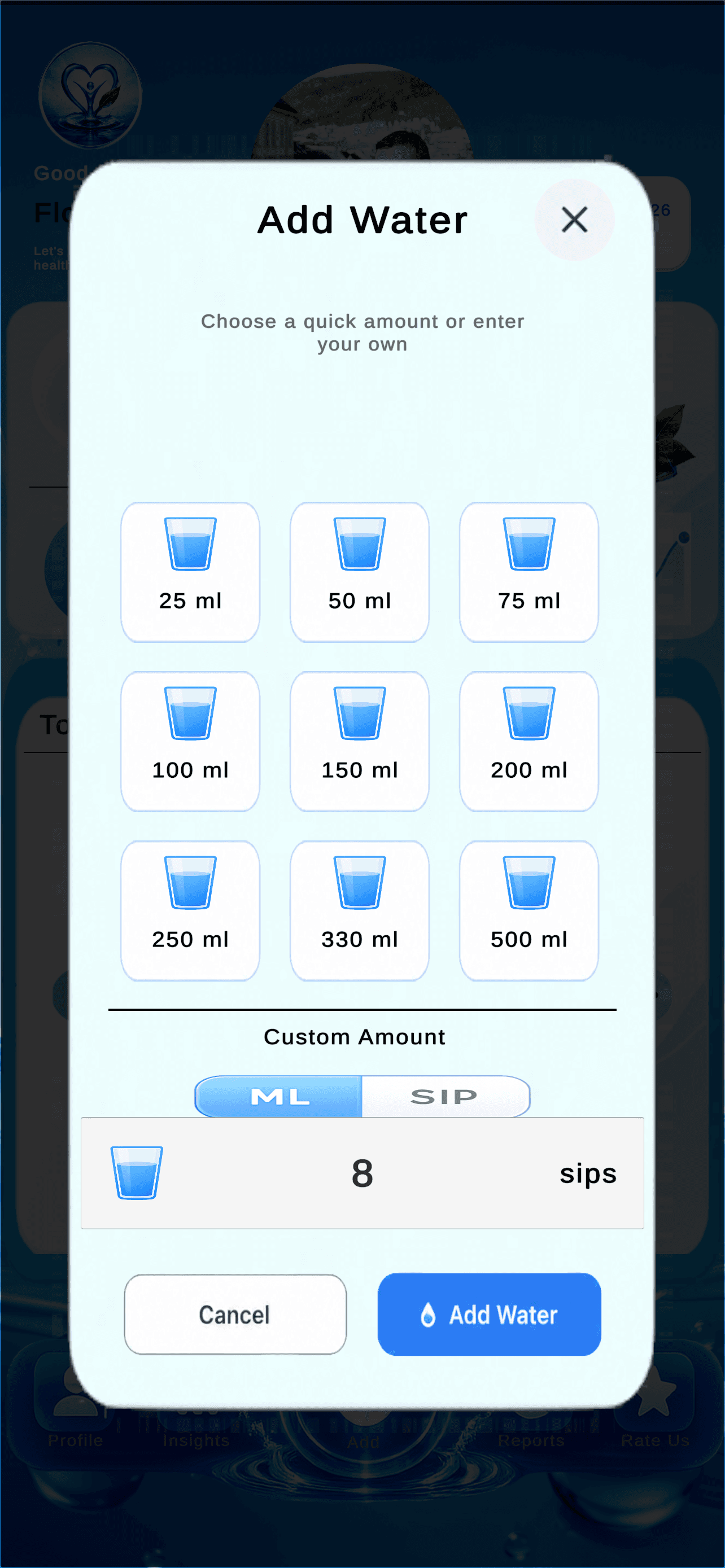 Hydrate add water screen with quick amount buttons