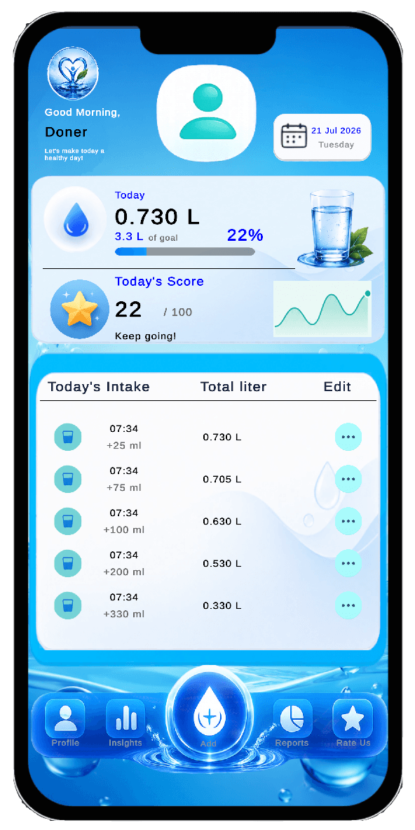 Hydrate home dashboard showing hydration progress and daily water tracking
