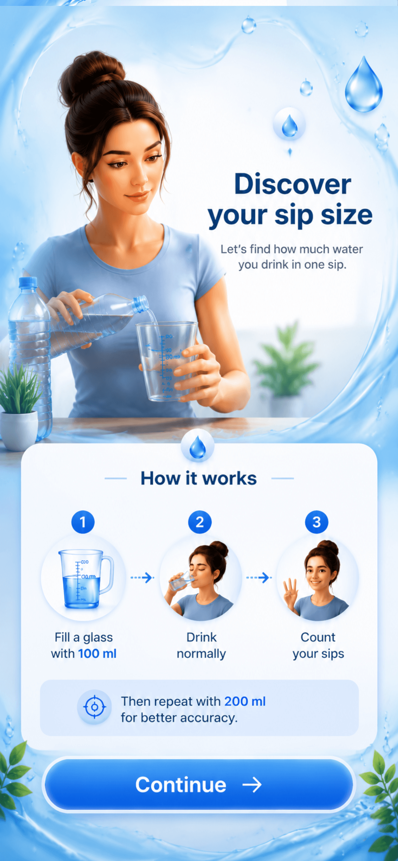 Hydrate screen explaining how to discover and configure a personal sip size